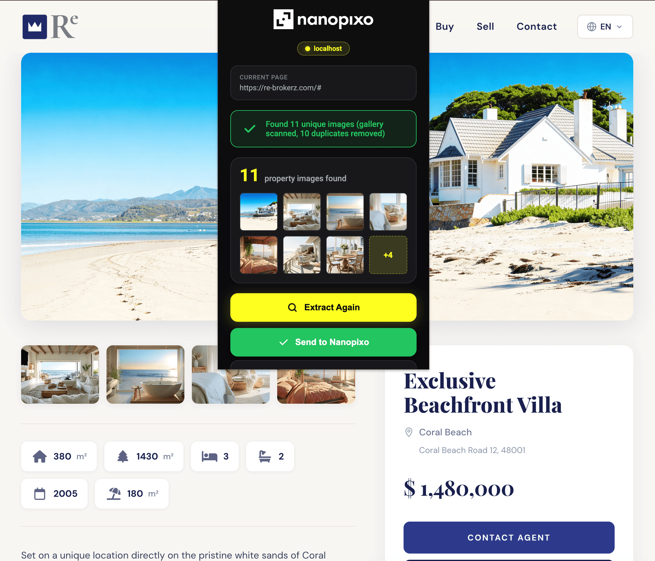 Nanopixo extension popup showing detected listing photos