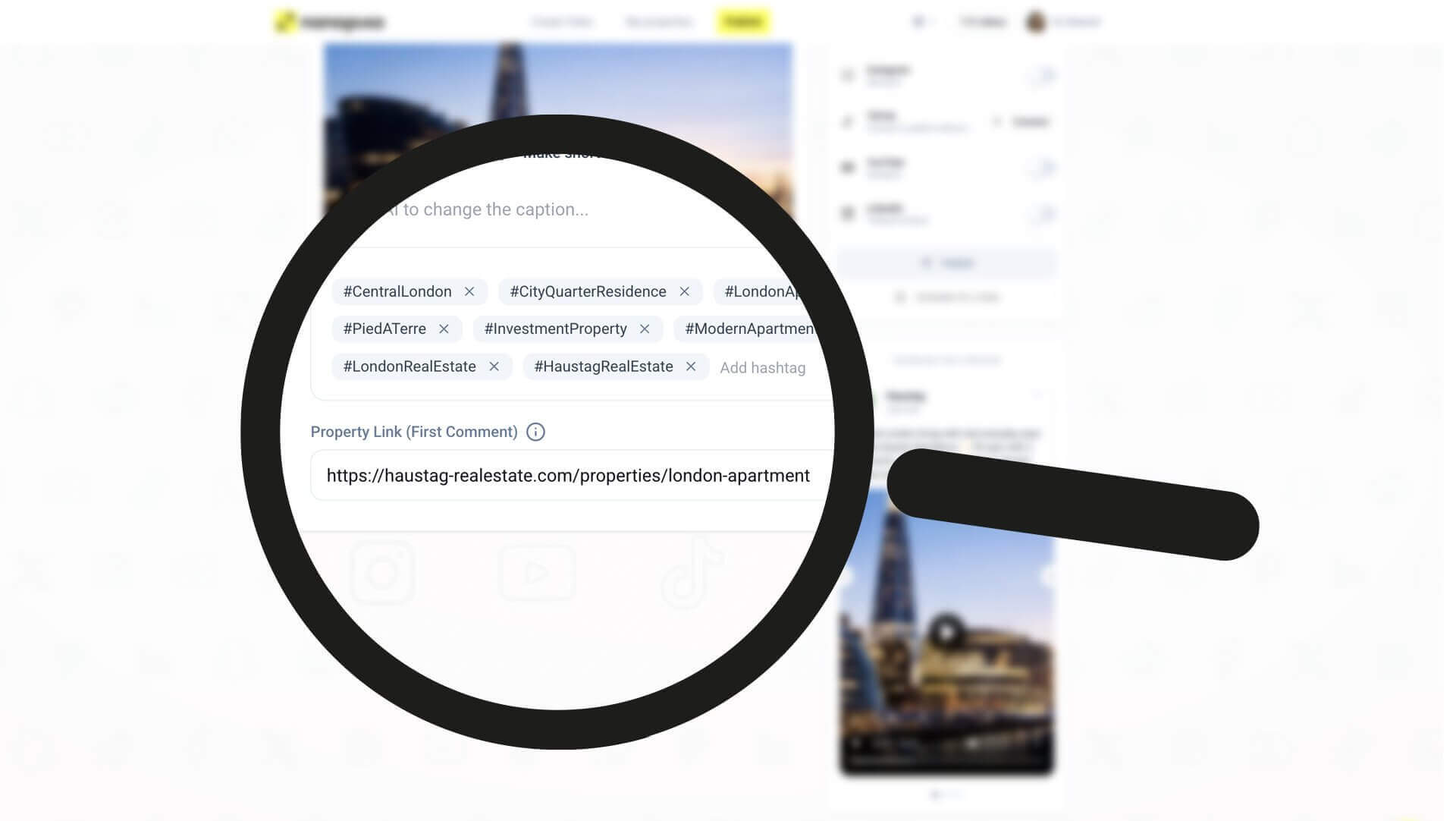Listing link added automatically, plus your hashtag screenshot