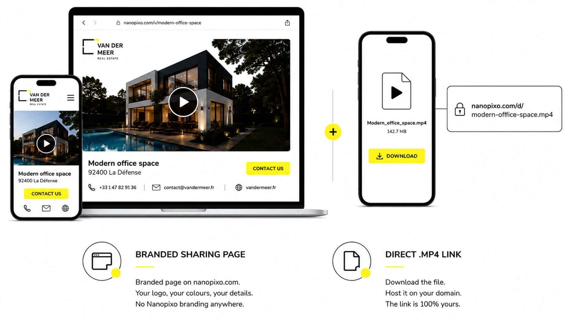 Branded sharing page and direct .mp4 link screenshot