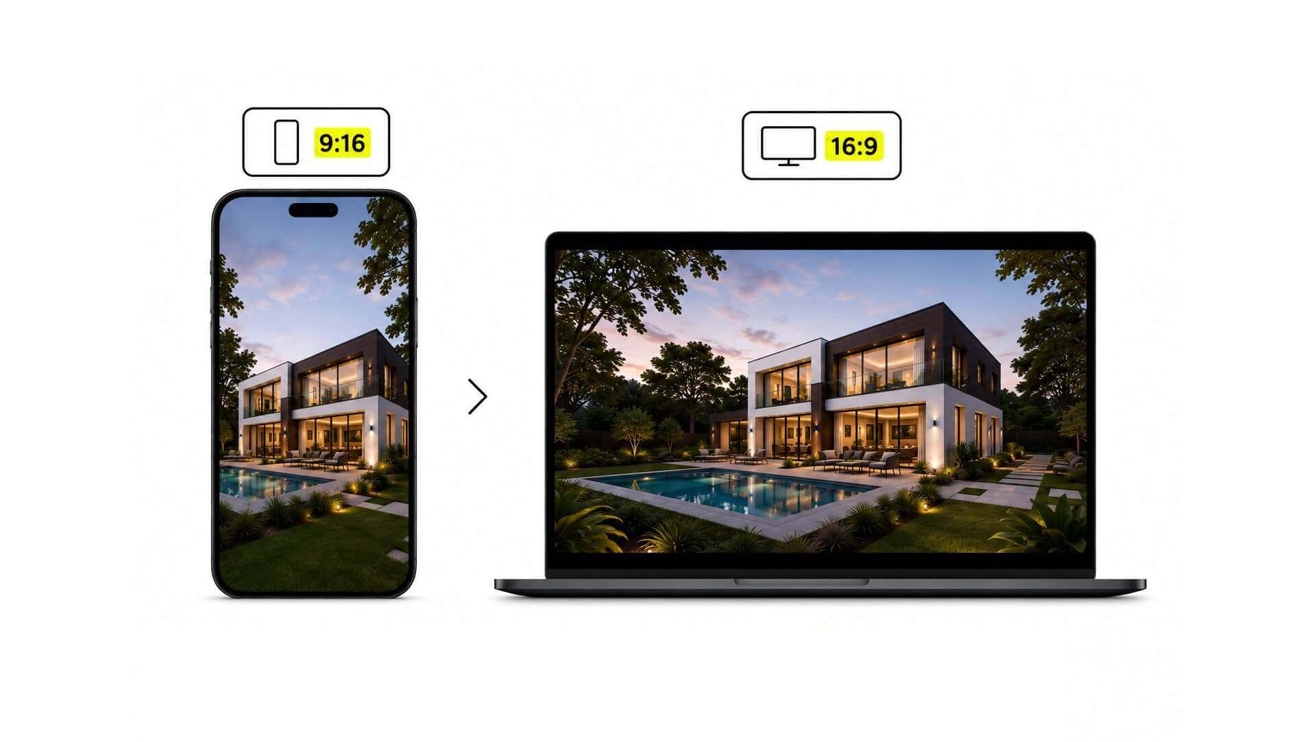 Both formats: a 9:16 social cut and a 16:9 tour for your website screenshot